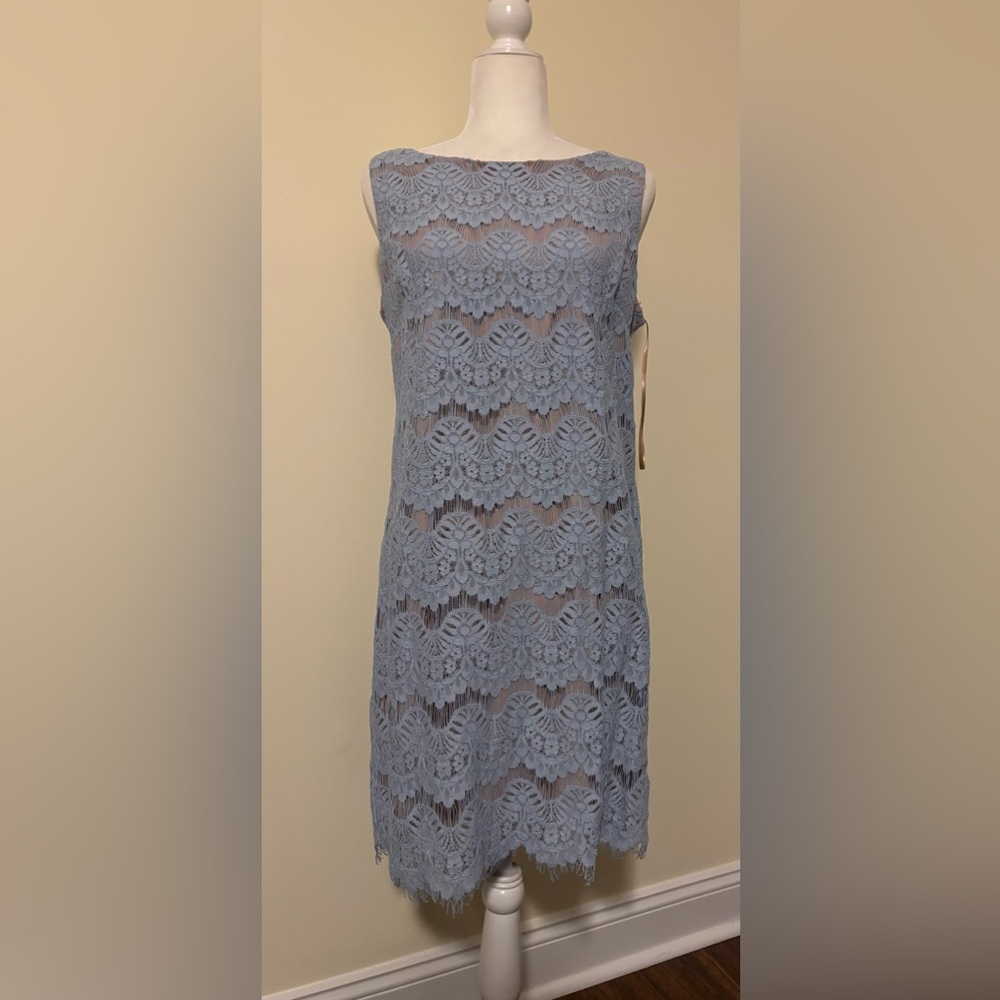 Lace Overlay Sleeveless Shift Dress - Dusty Blue